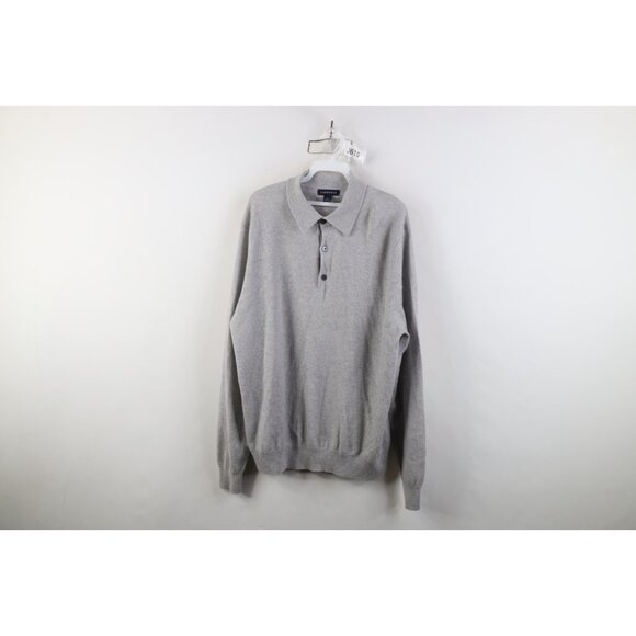 Vintage 90s Lands End Mens Large Blank Soft Cashmere Knit Collared Sweater Gray